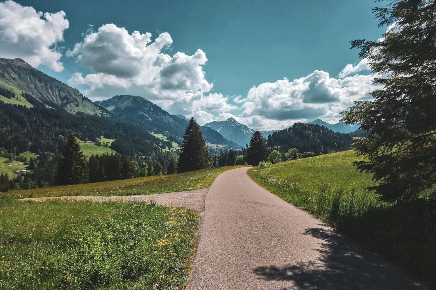 Ein heller Weg in einer schönen Naturlandschaft mit Bergen im Hintergrund und leichten Wolken am blauen Himmel