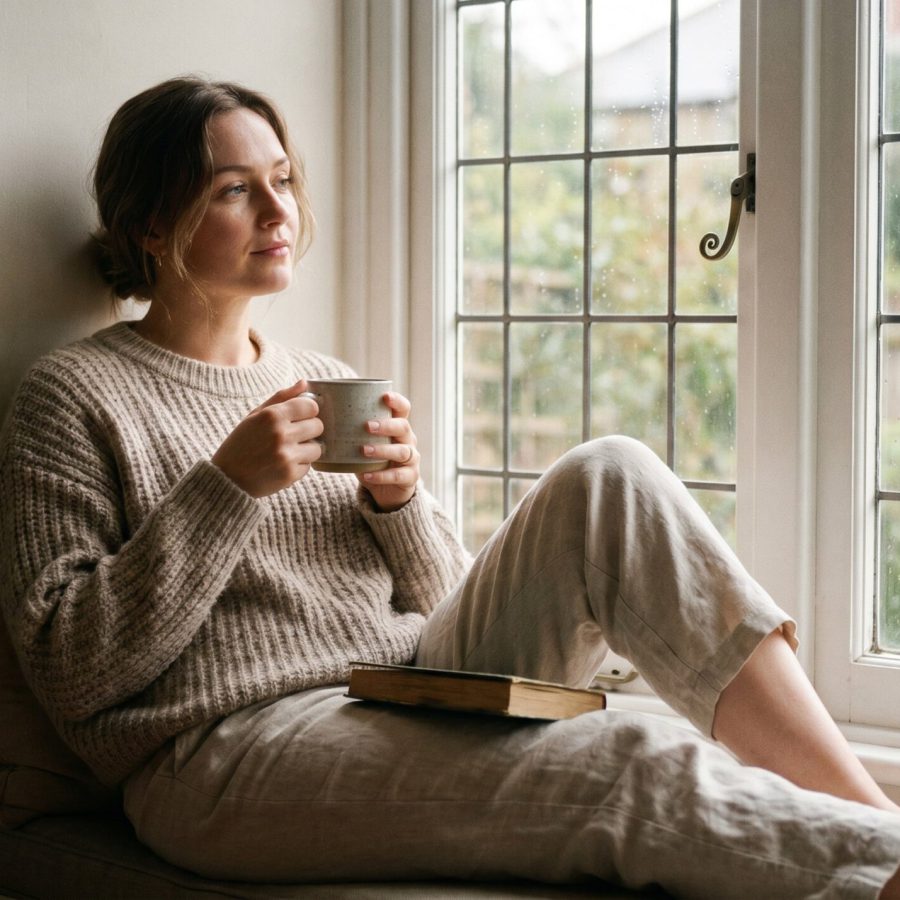 Entspannte Frau sitzt mit einer Tasse am Fenster ihrer Wohnung