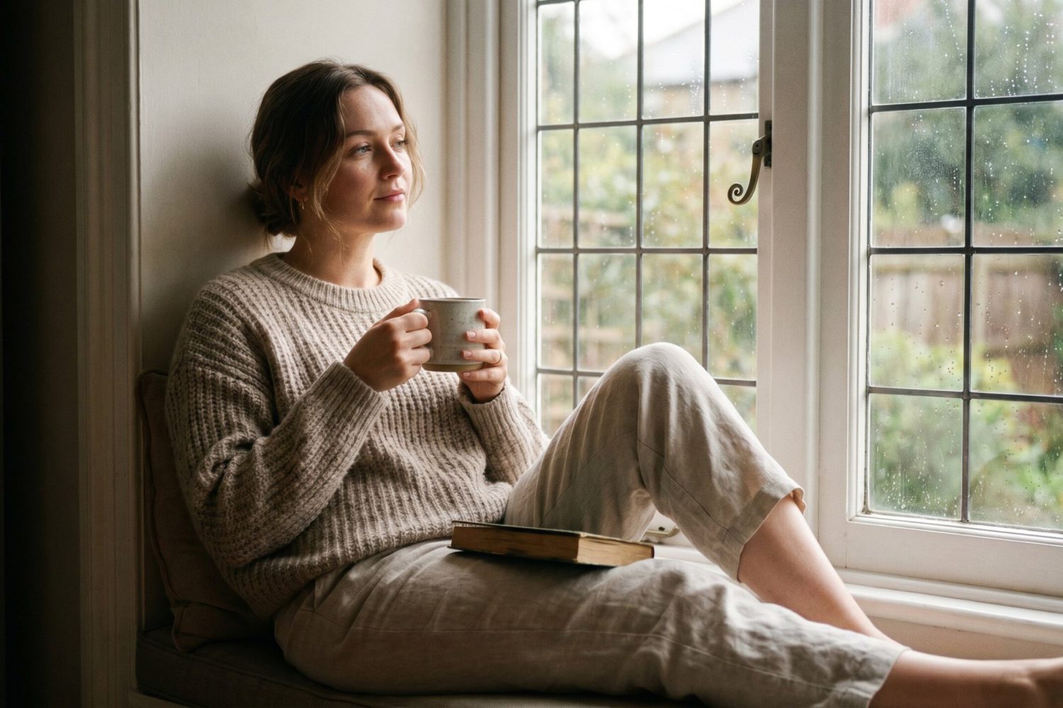 Entspannte Frau sitzt mit einer Tasse am Fenster ihrer Wohnung